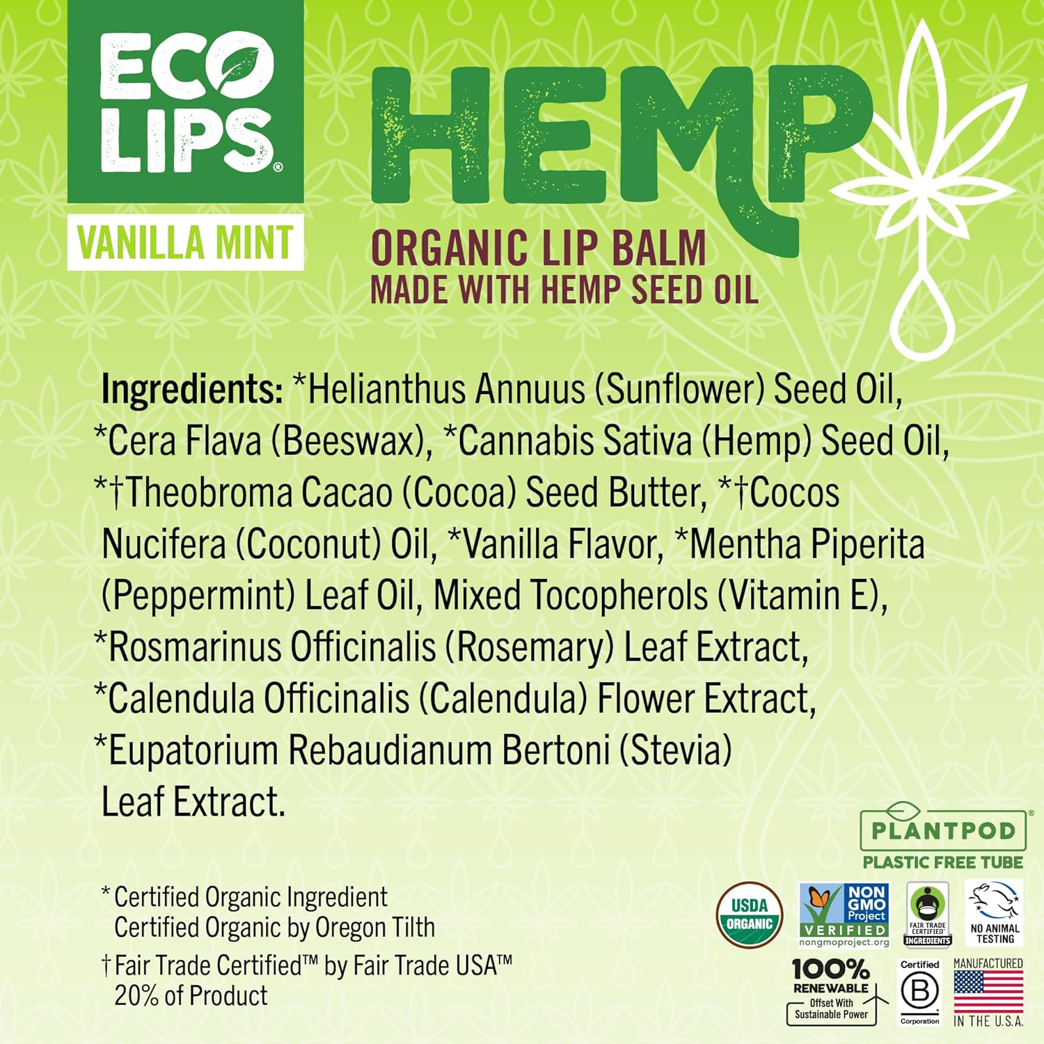 Hemp Vanilla Mint Plant Pod Organic Lip Balm